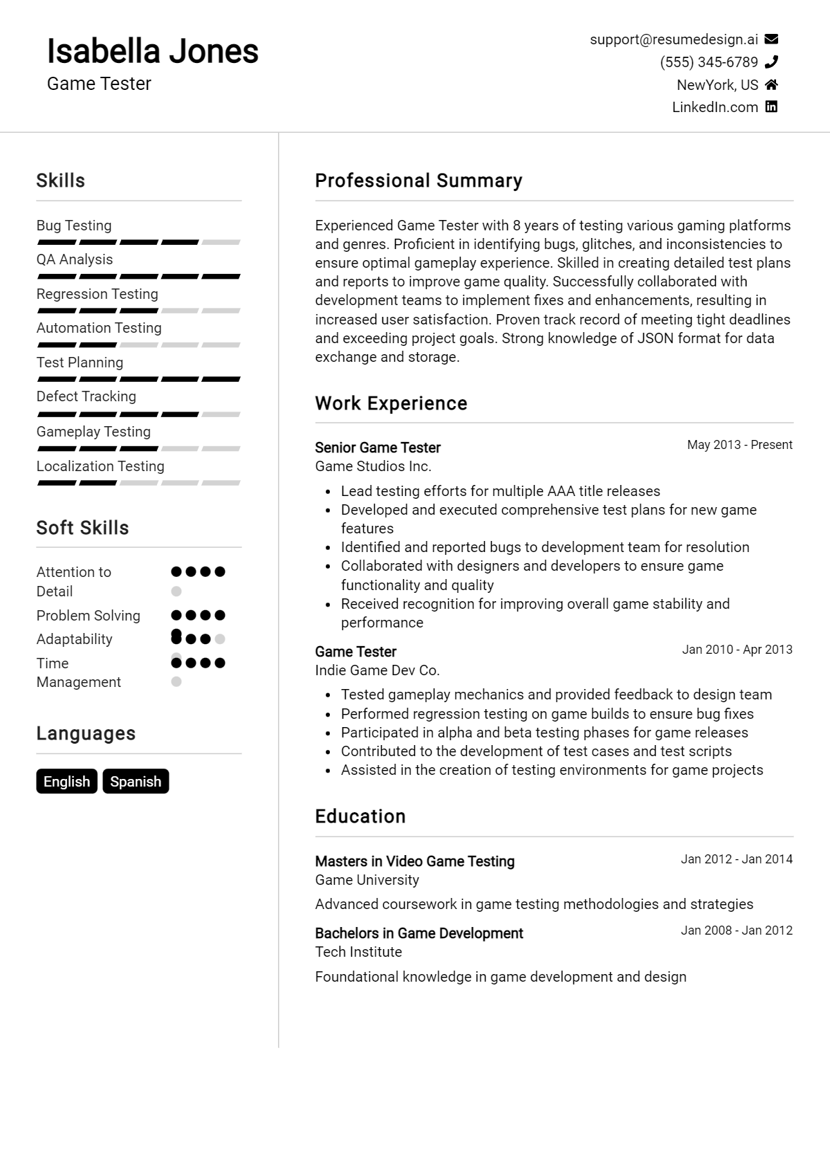 Game Tester Resume Example