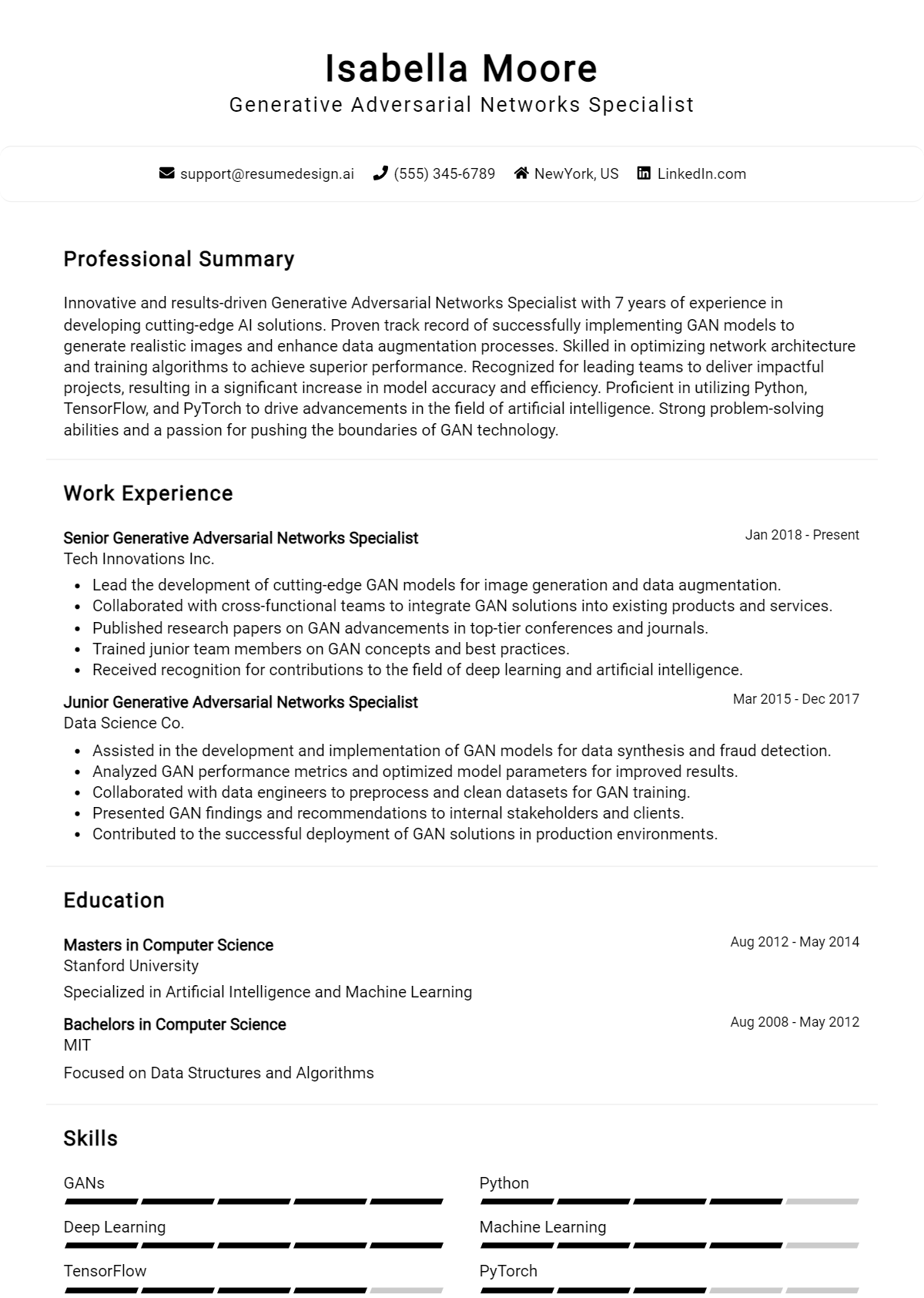 Generative Adversarial Networks Specialist Resume Example