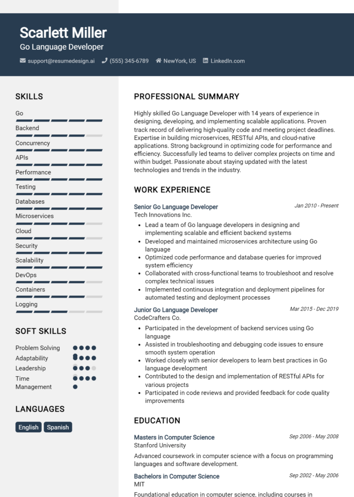 Go Language Developer Resume Example