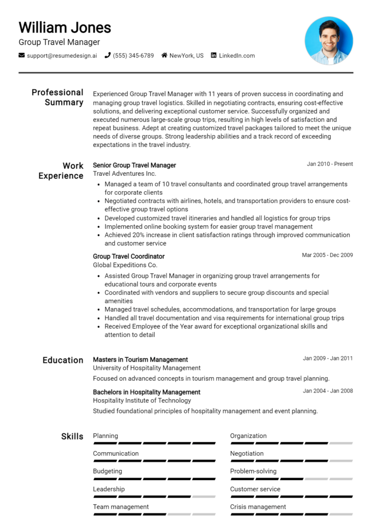 Group Travel Manager Resume Example