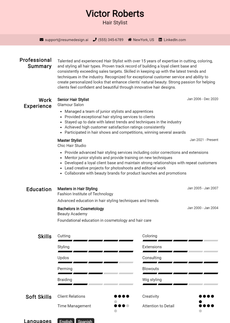 16 Hair Stylist Resume Examples And Templates for 2024 - ResumeDesign.ai