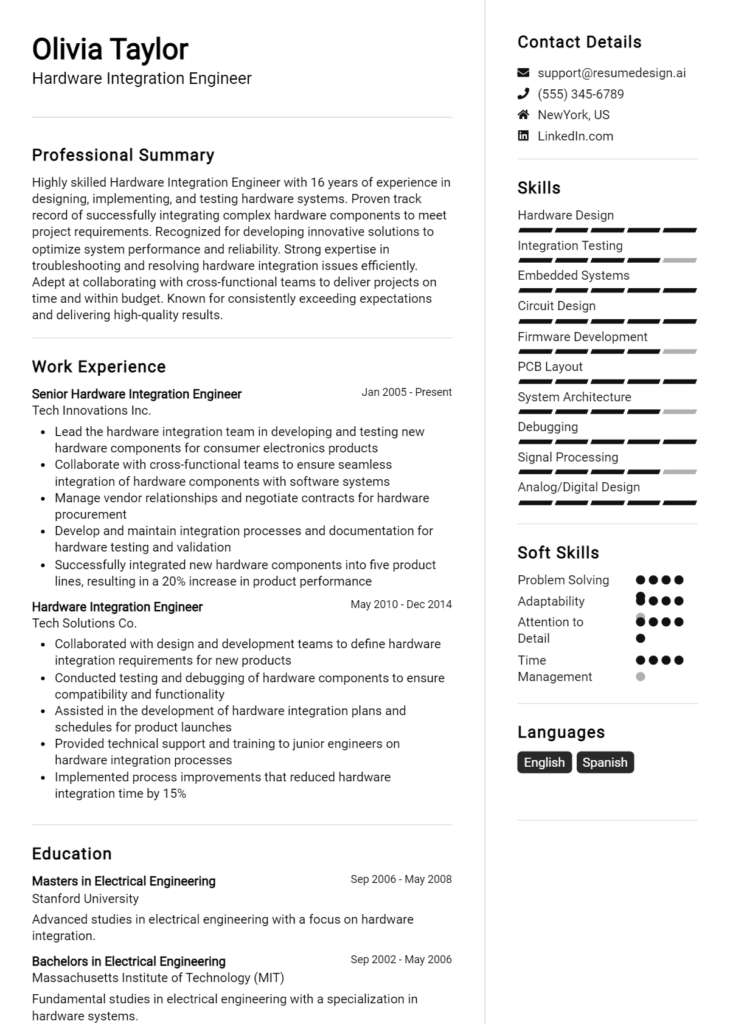 Hardware Integration Engineer Resume Example