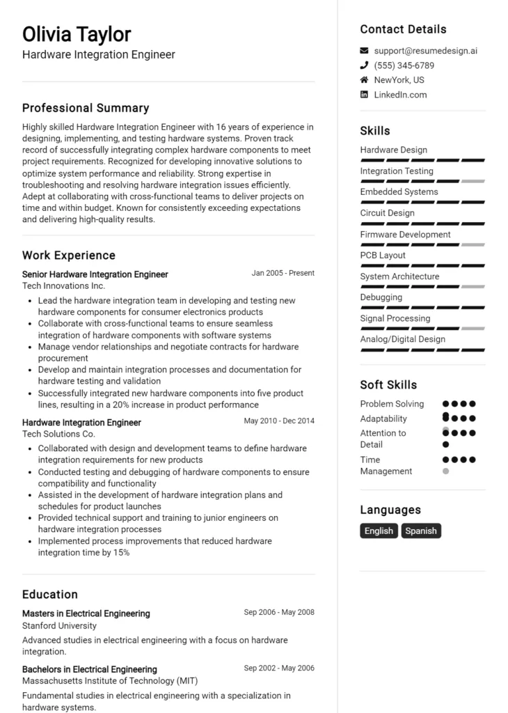 Hardware Integration Engineer Resume Example