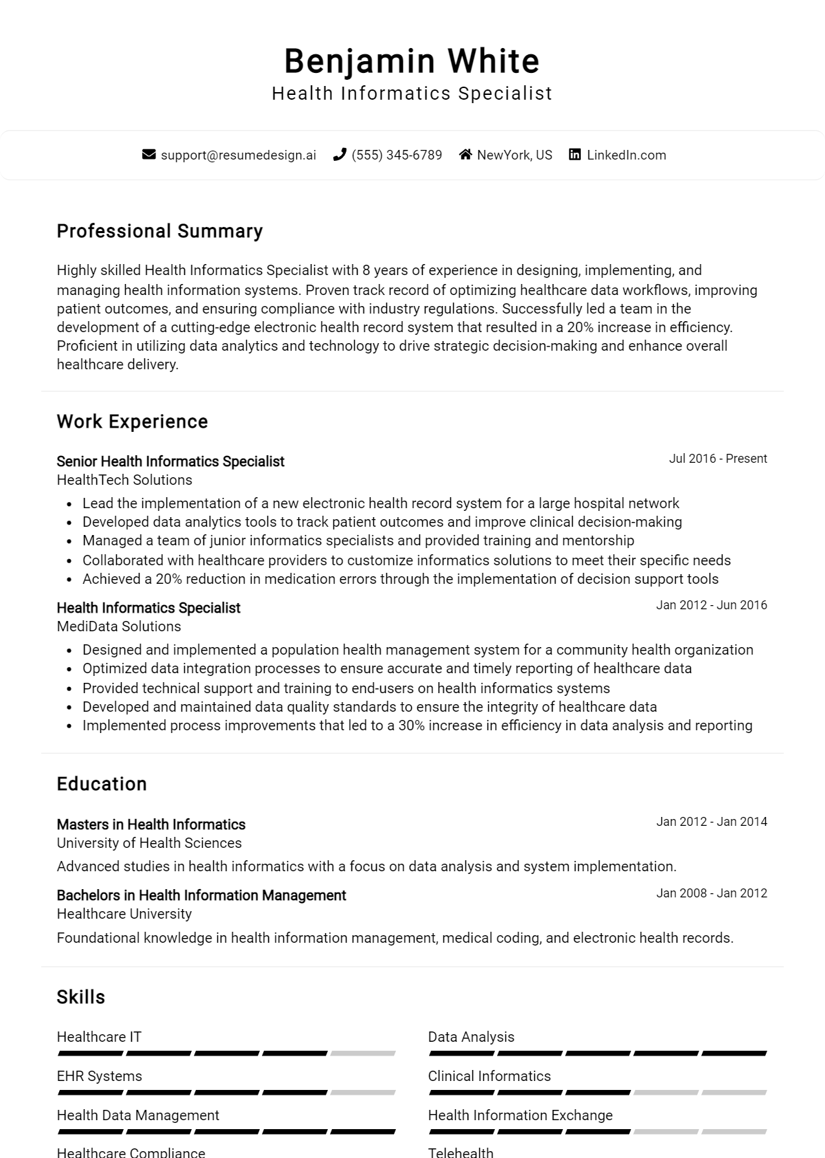 Health Informatics Specialist Resume Example