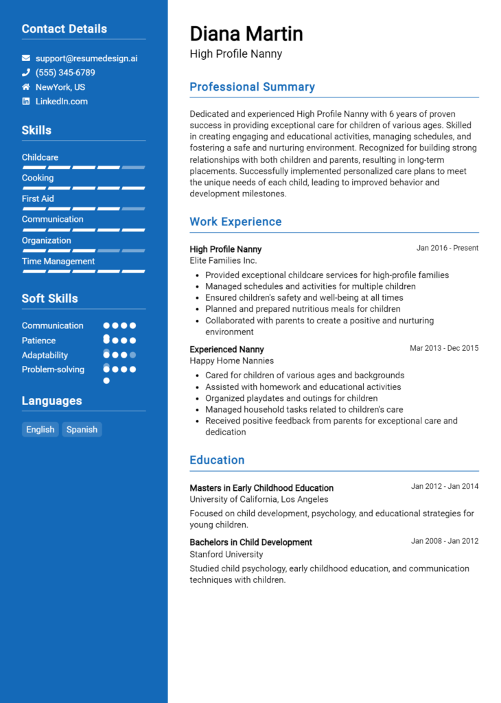 High Profile Nanny Resume Example