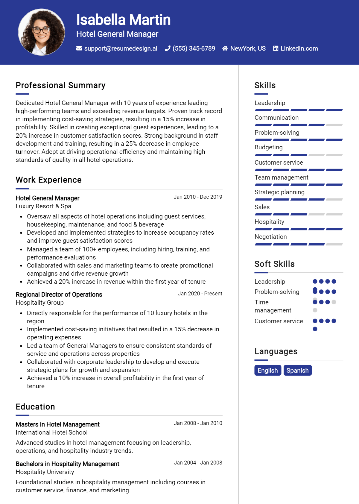 Hotel General Manager Resume Example