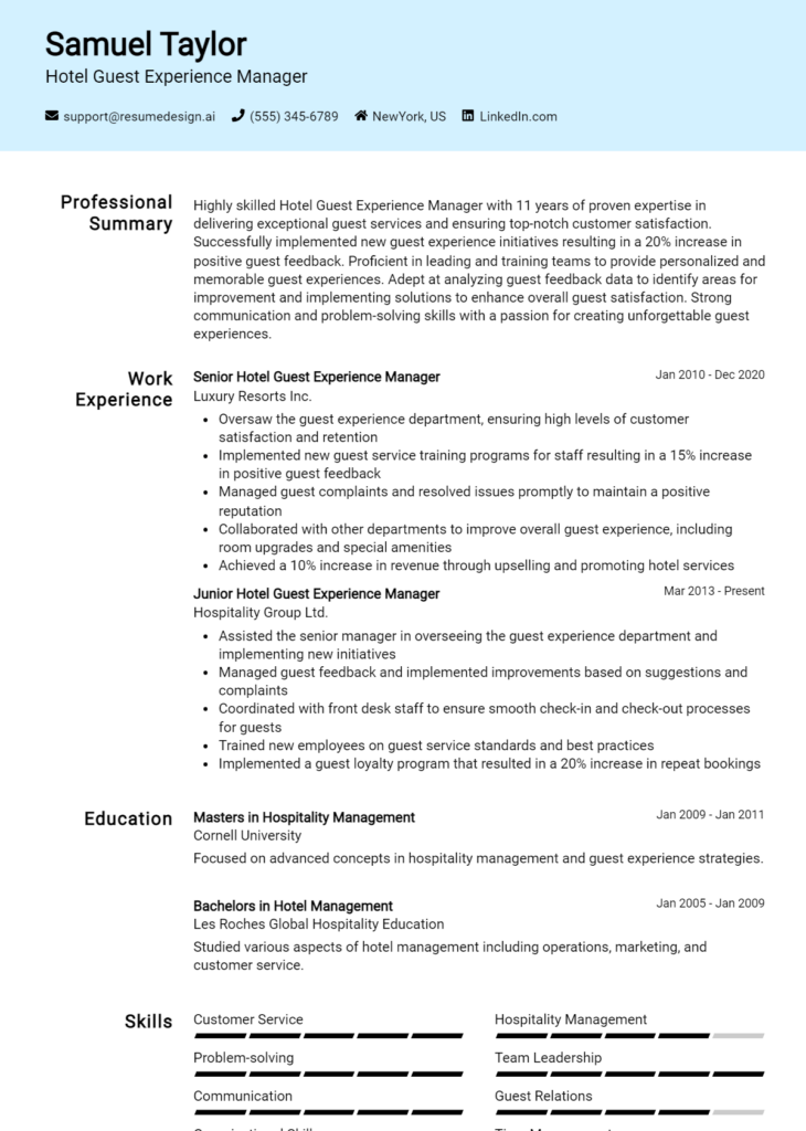 Hotel Guest Experience Manager Resume Example