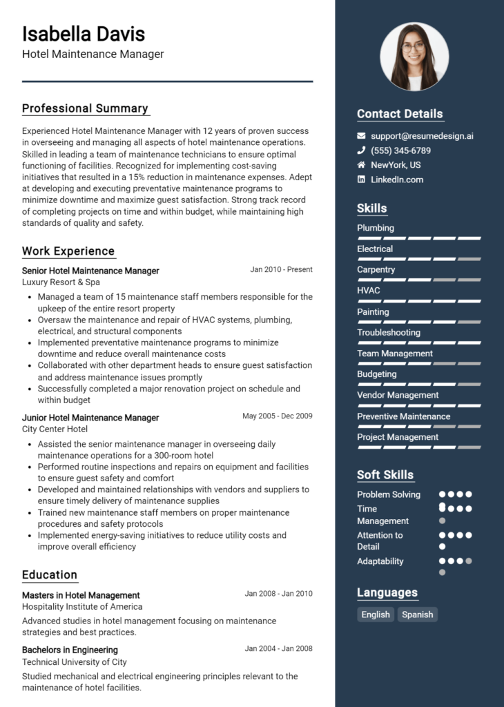 Hotel Maintenance Manager Resume Example