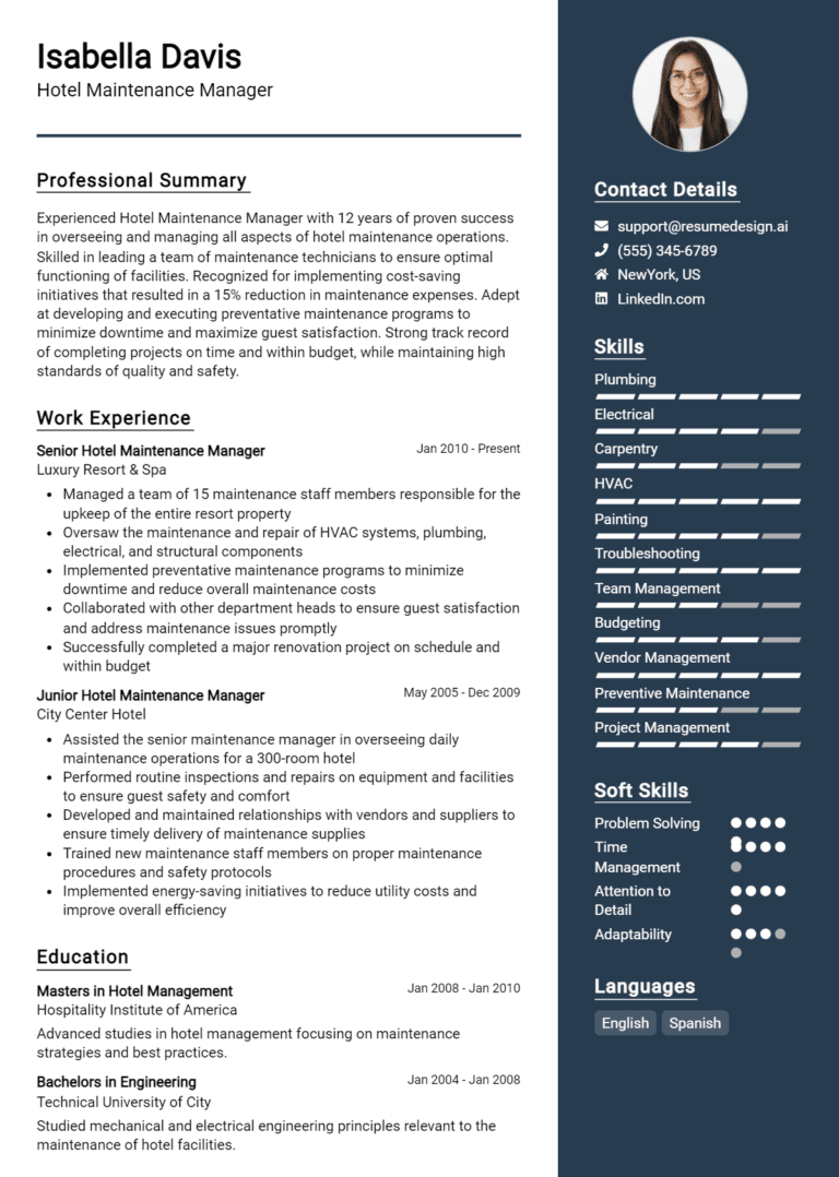 17 Hotel Maintenance Manager Resume Examples And Templates for 2025: Best Tips