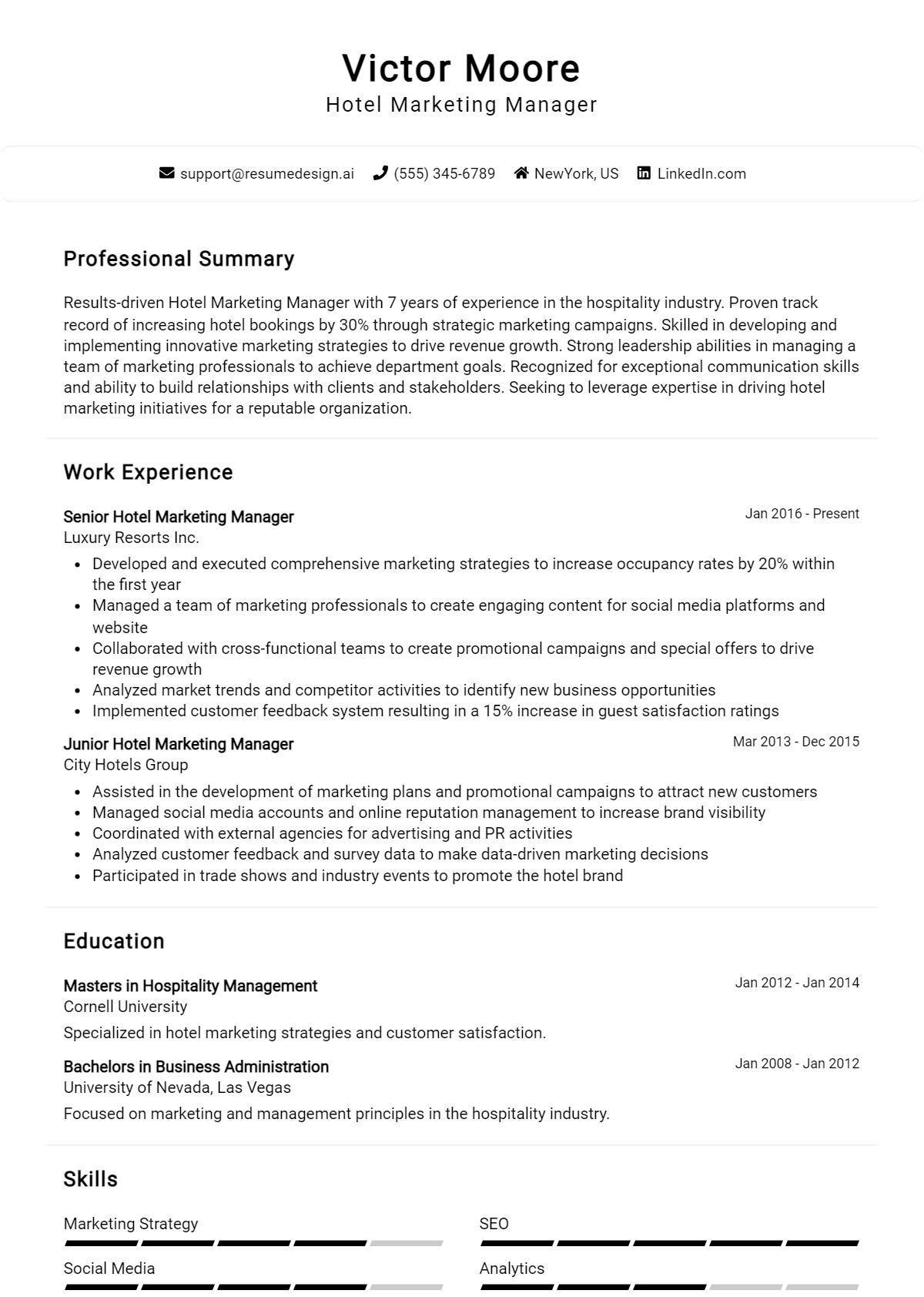 Hotel Marketing Manager Resume Example