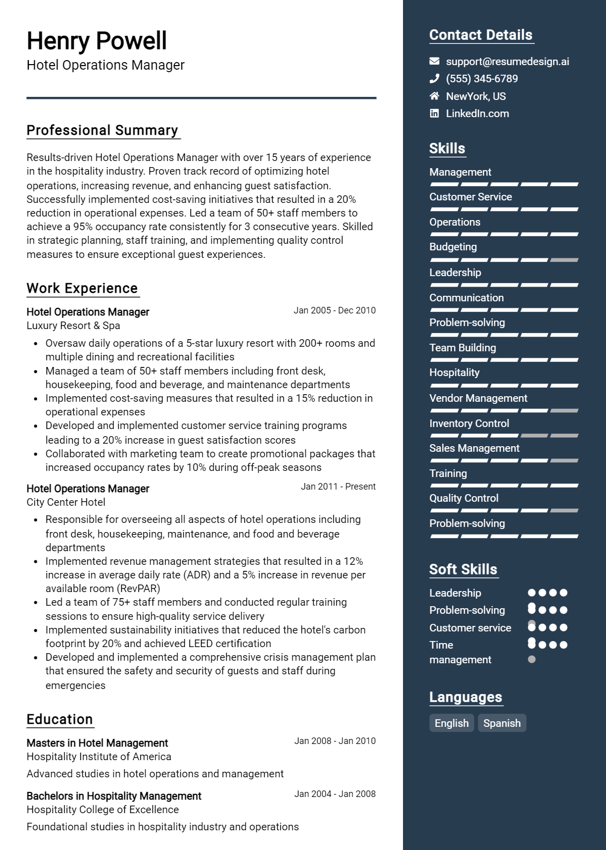 Hotel Operations Manager Resume Example