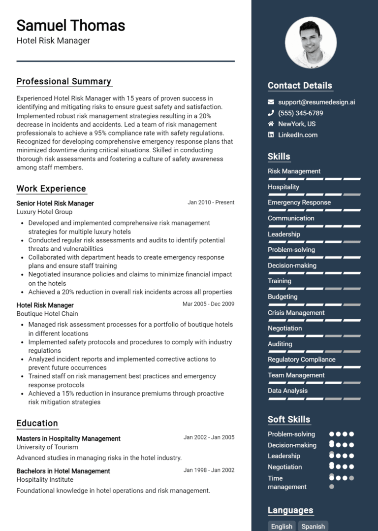 17 Hotel Risk Manager Resume Examples And Templates for 2025