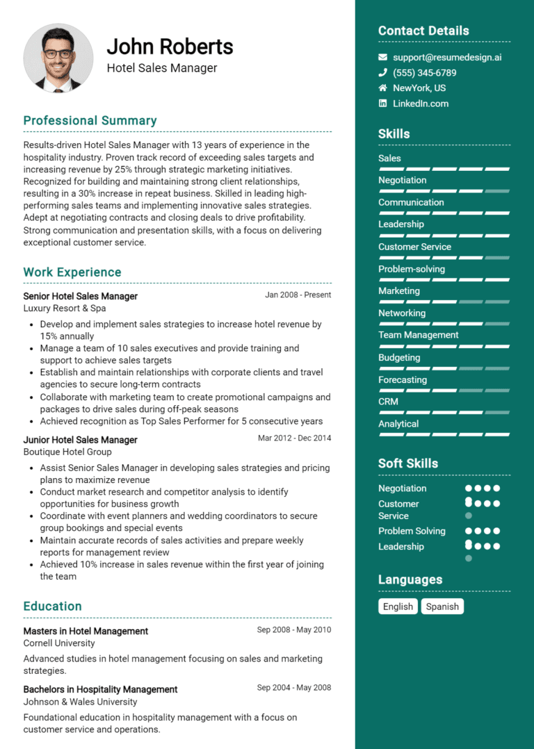 17 Hotel Sales Manager Resume Examples And Templates for 2025