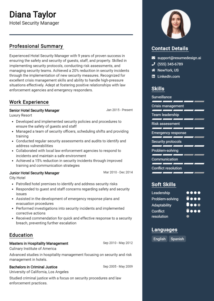 Hotel Security Manager Resume Example