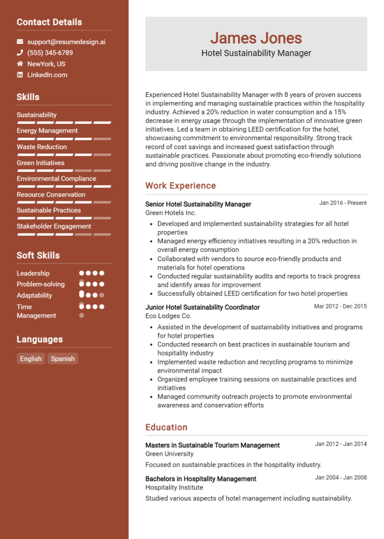 17 Hotel Sustainability Manager Resume Examples And Templates for 2025