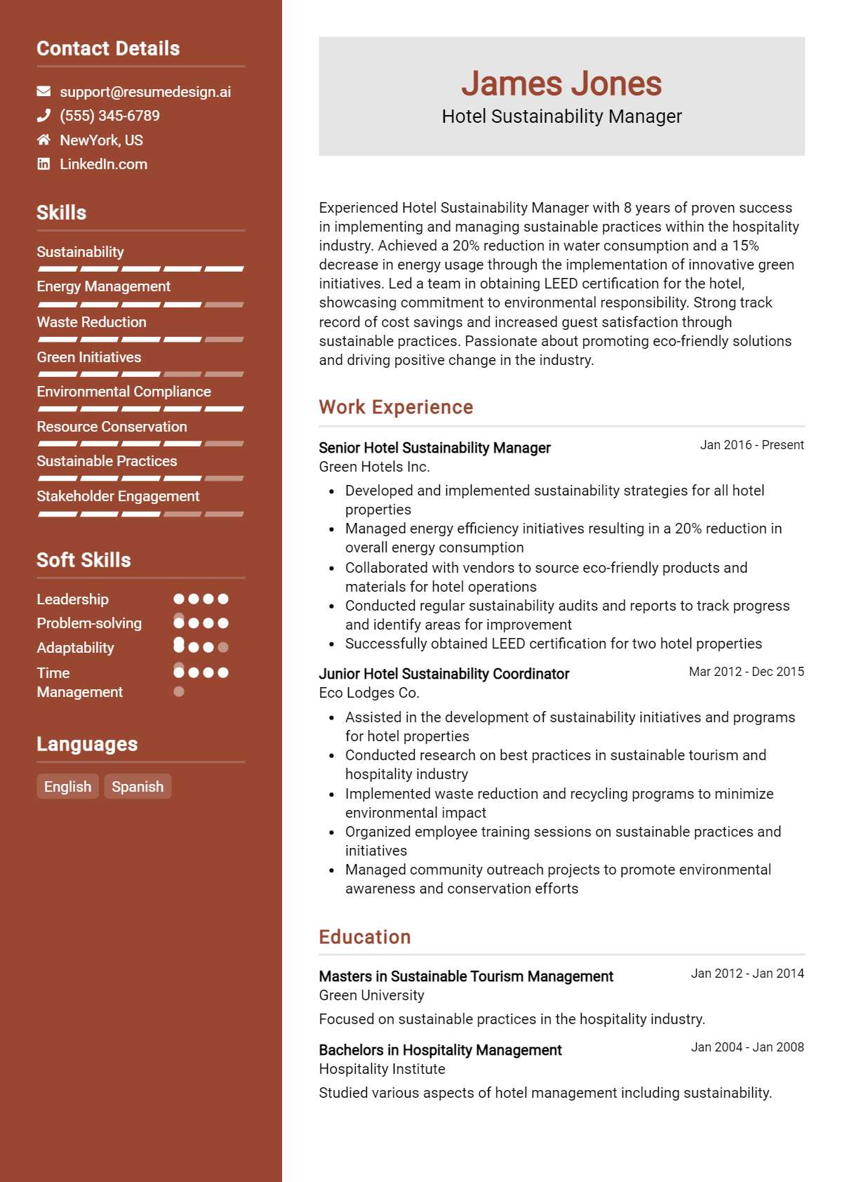 Hotel Sustainability Manager Resume Example