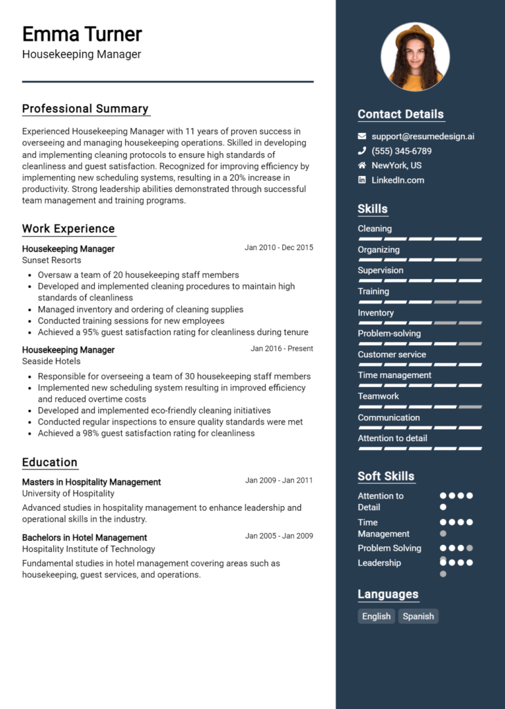 Housekeeping Manager Resume Example