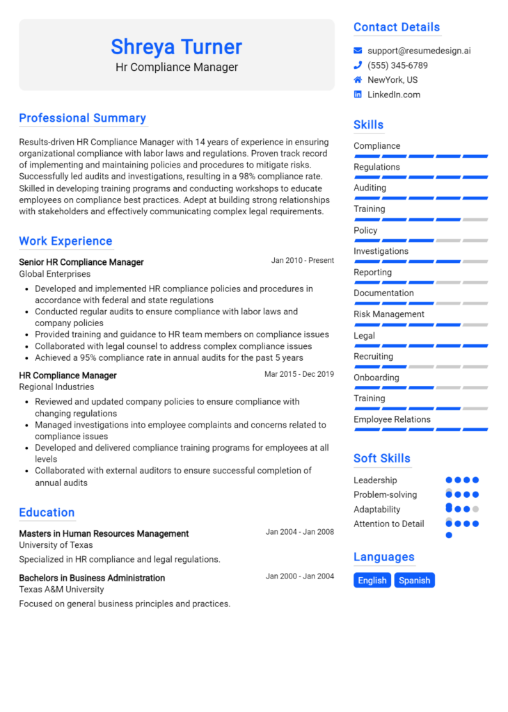 Hr Compliance Manager Resume Example