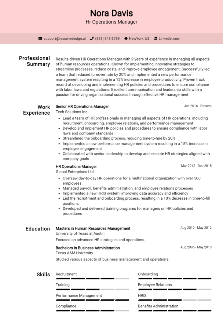 Hr Operations Manager Resume Example