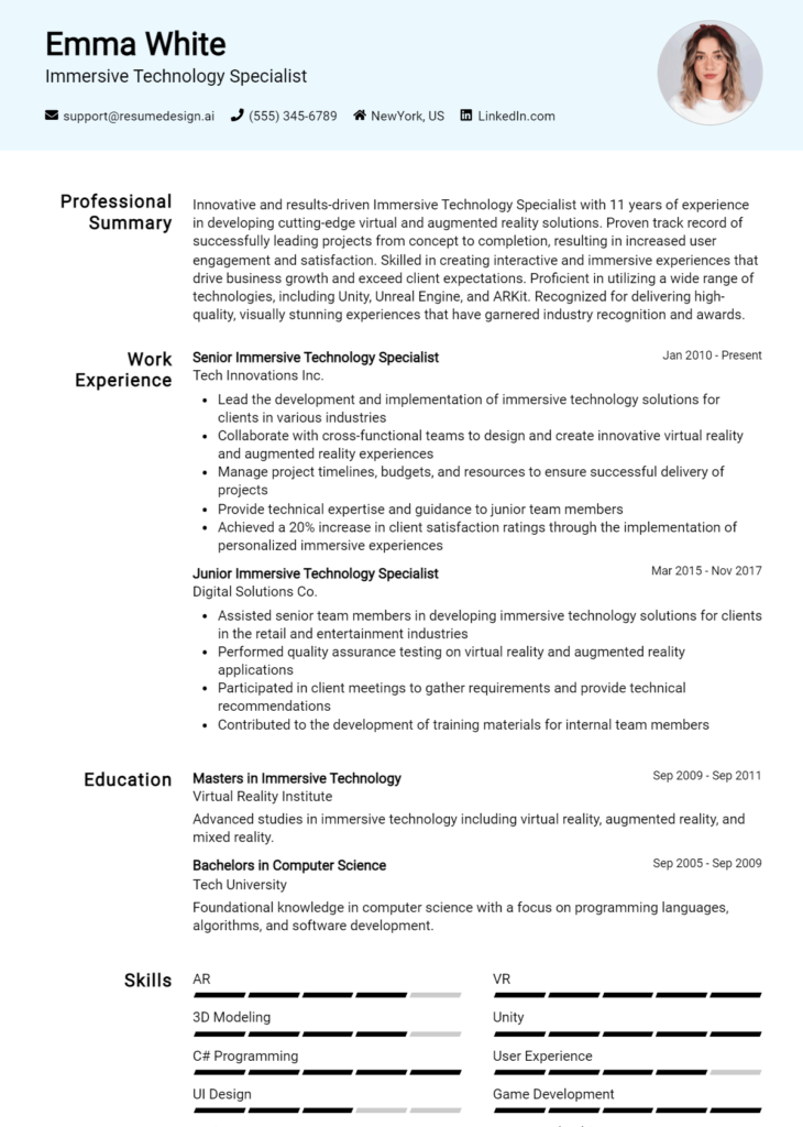 Immersive Technology Specialist Resume Example