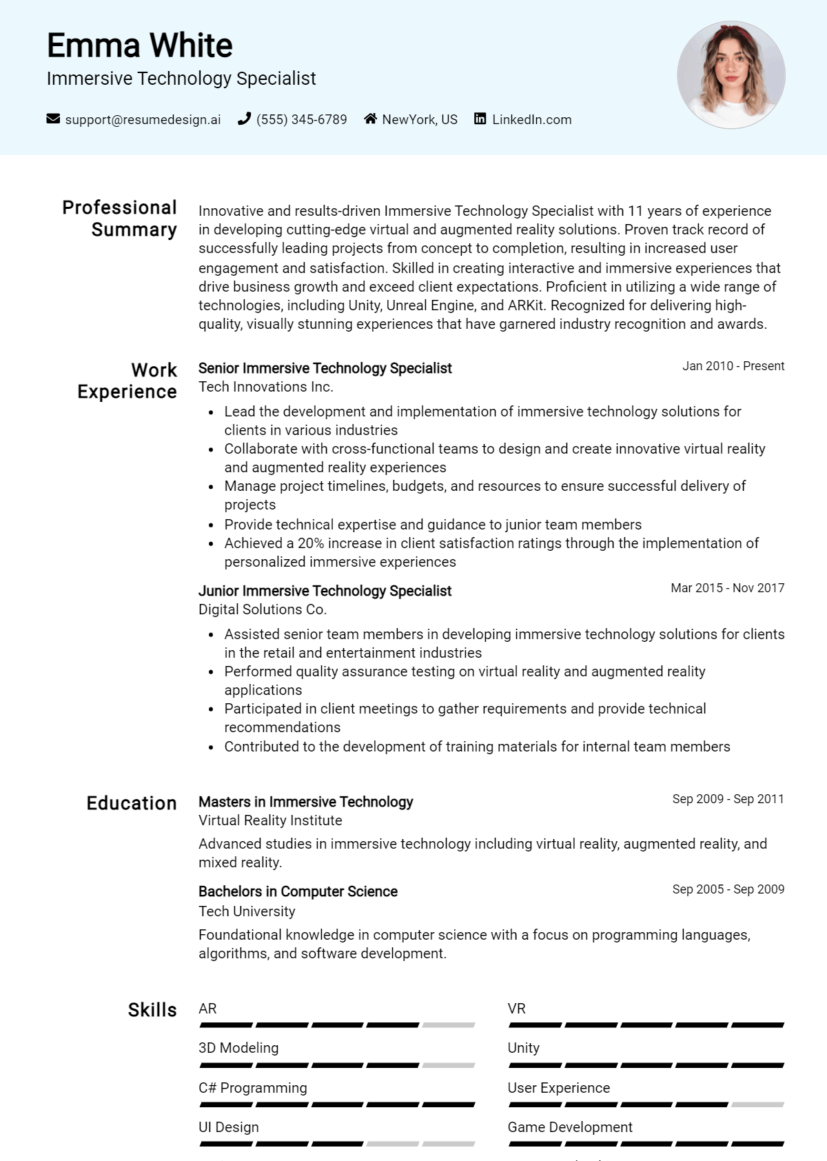 Immersive Technology Specialist Resume Example