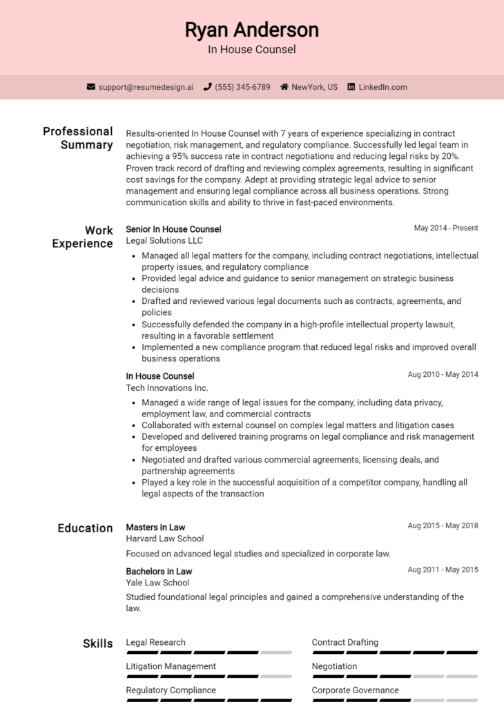 In House Counsel Resume Example