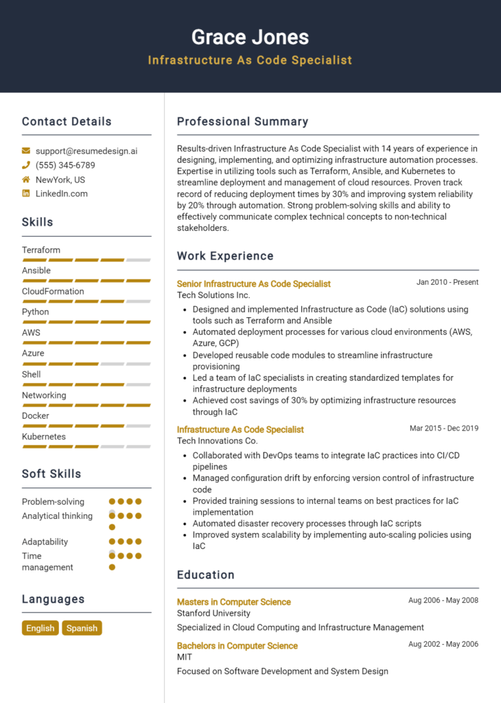 Infrastructure As Code Specialist Resume Example