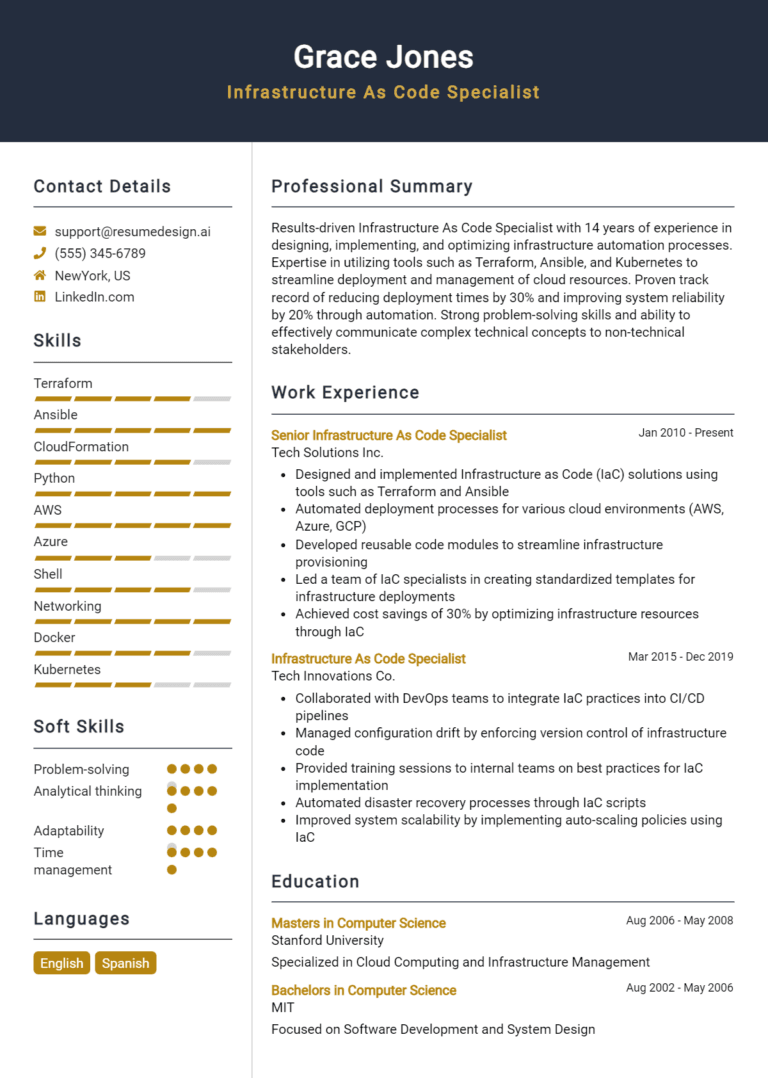 24 Infrastructure as Code Specialist Resume Examples And Templates for 2025