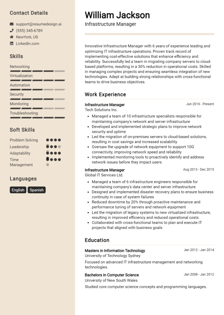 Infrastructure Manager Resume Example