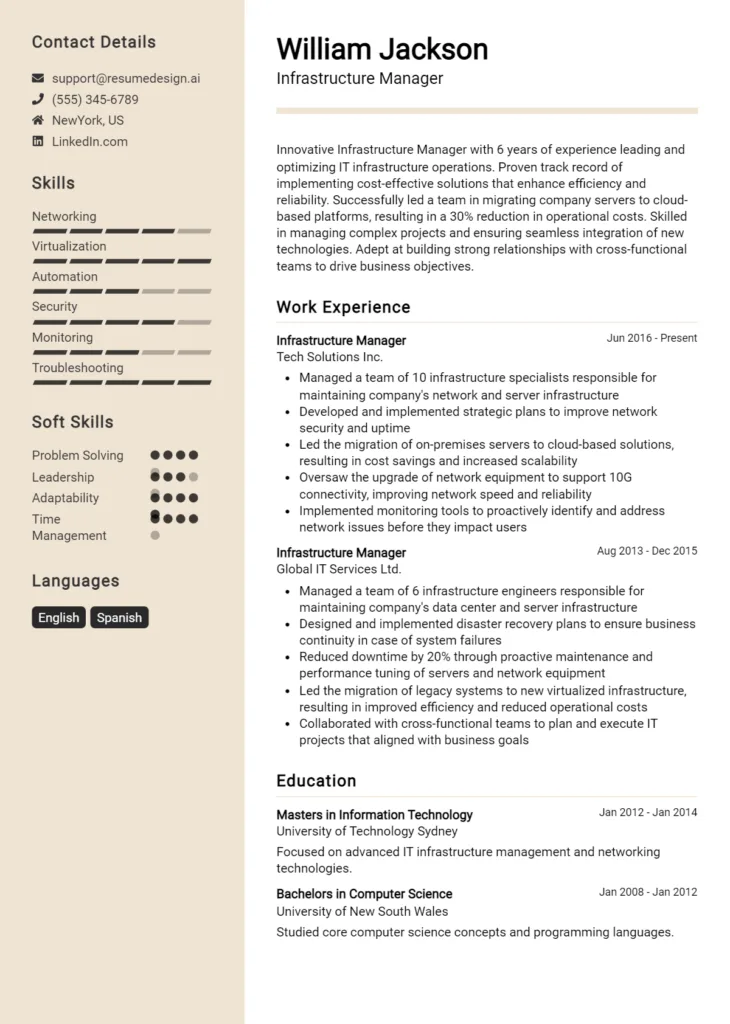 Infrastructure Manager Resume Example