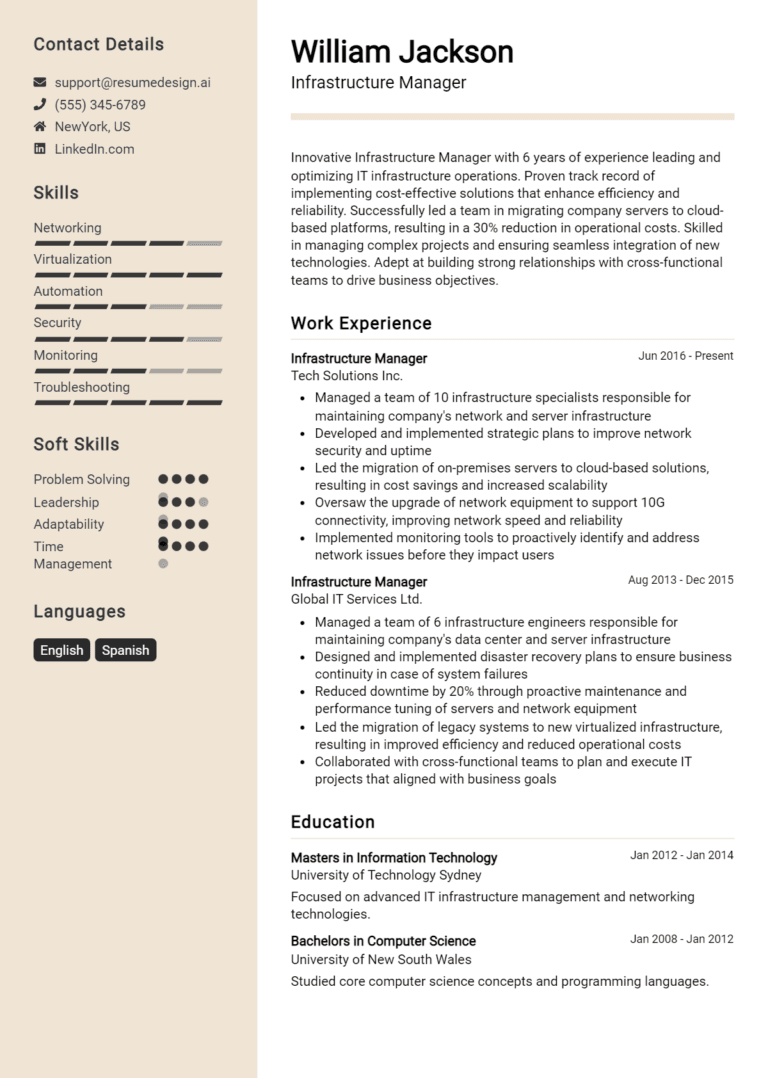 16 Infrastructure Manager Resume Examples And Templates for 2025 (Downloadable)