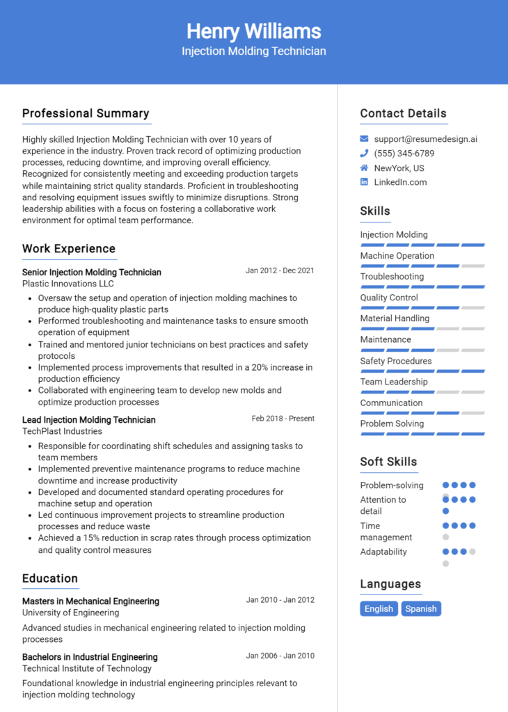 Injection Molding Technician Resume Example