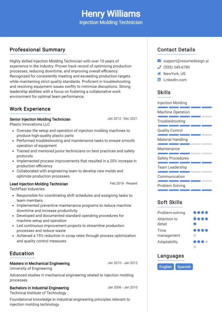 Injection Molding Technician Resume Example