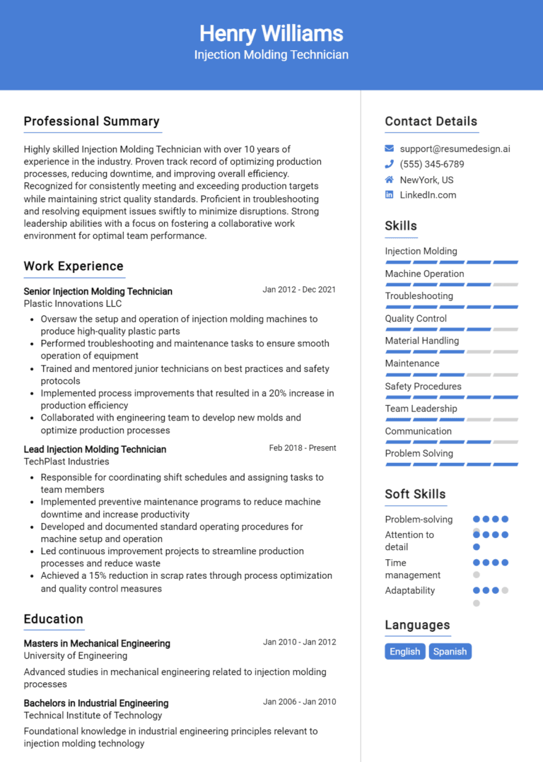 18 Injection Molding Technician Resume Examples And Templates for 2025
