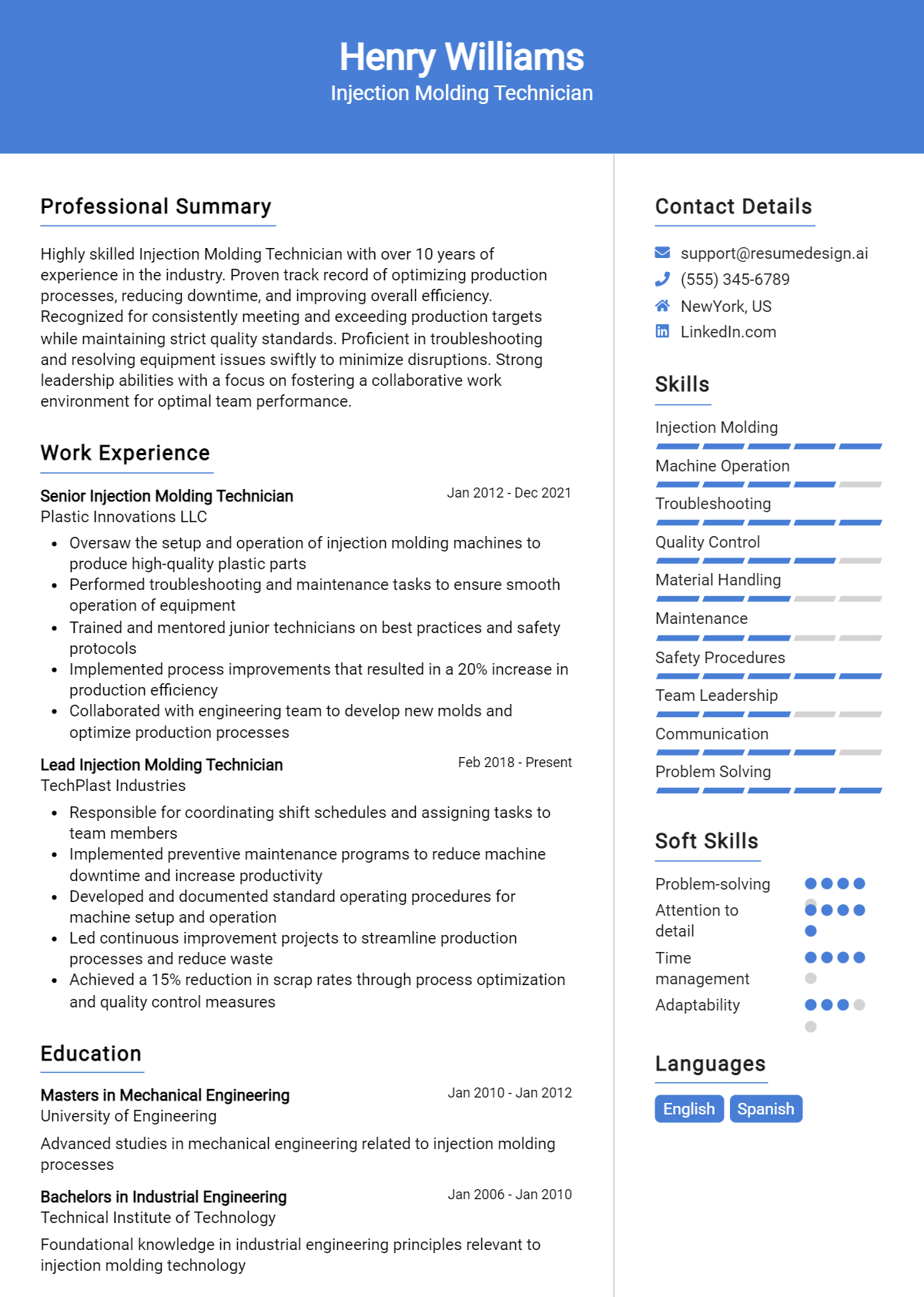 Injection Molding Technician Resume Example