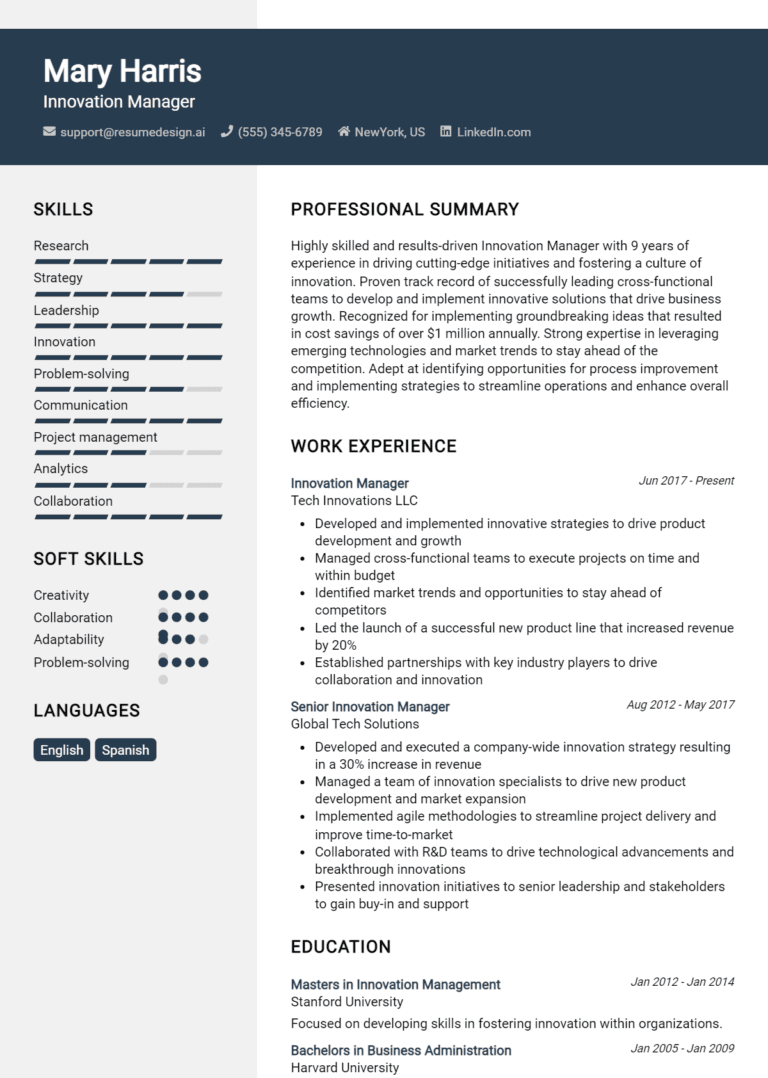 15 Innovation Manager Resume Examples And Templates for 2025