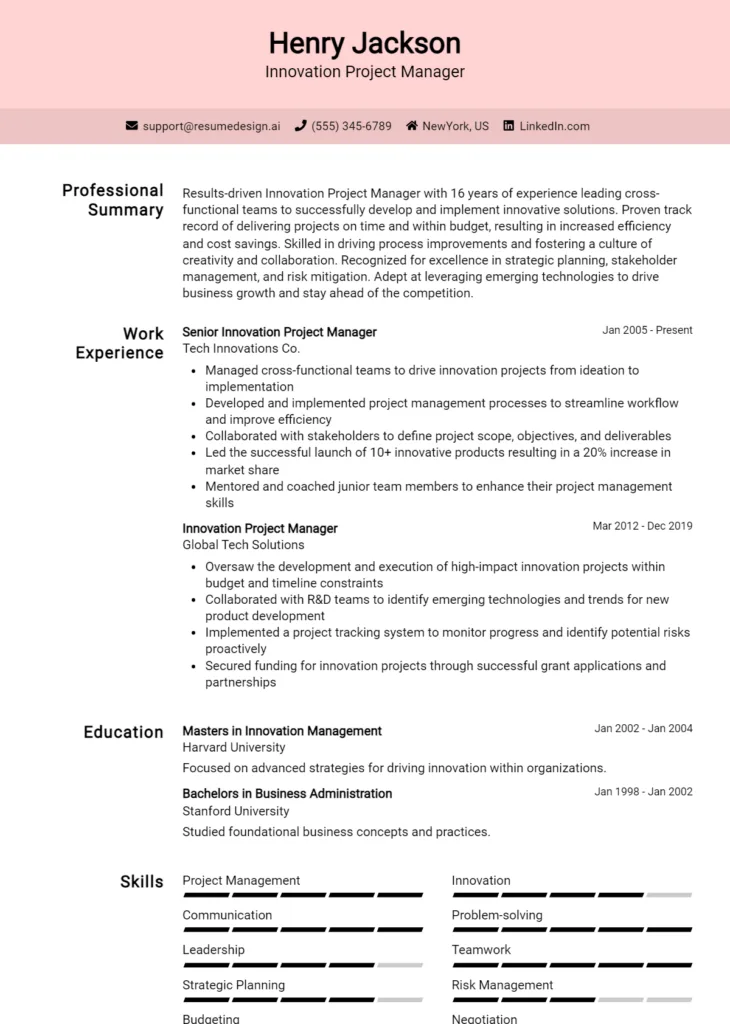 Innovation Project Manager Resume Example