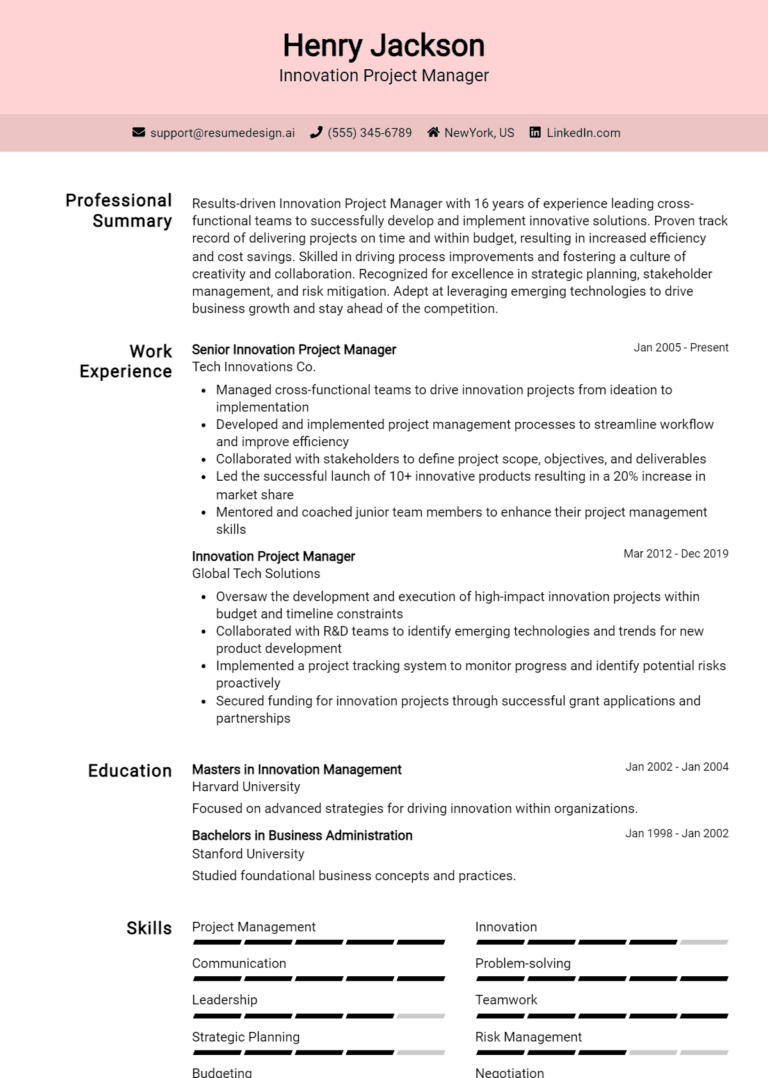 14 Innovation Project Manager Resume Examples And Templates for 2025 (Downloadable)