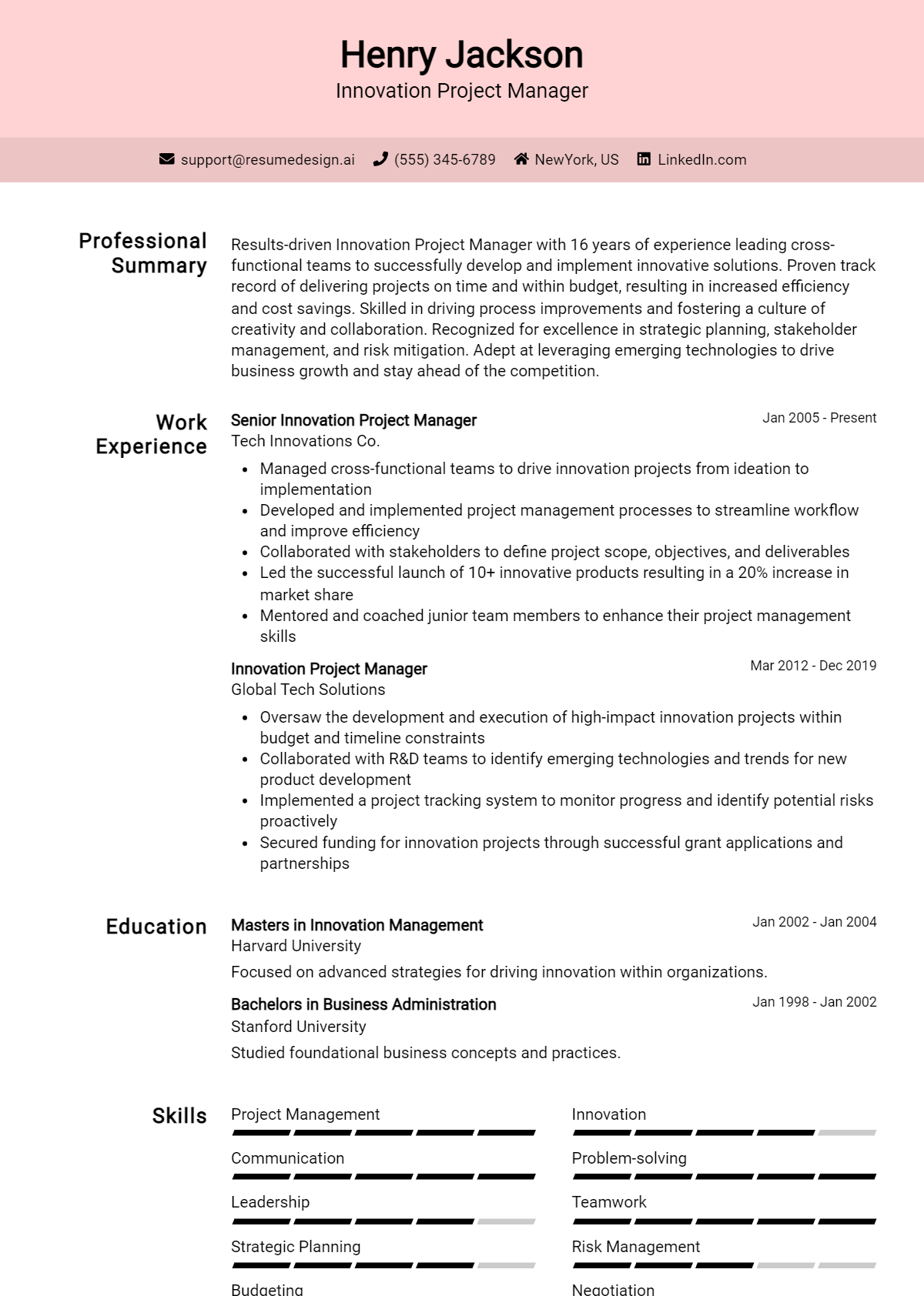 Innovation Project Manager Resume Example