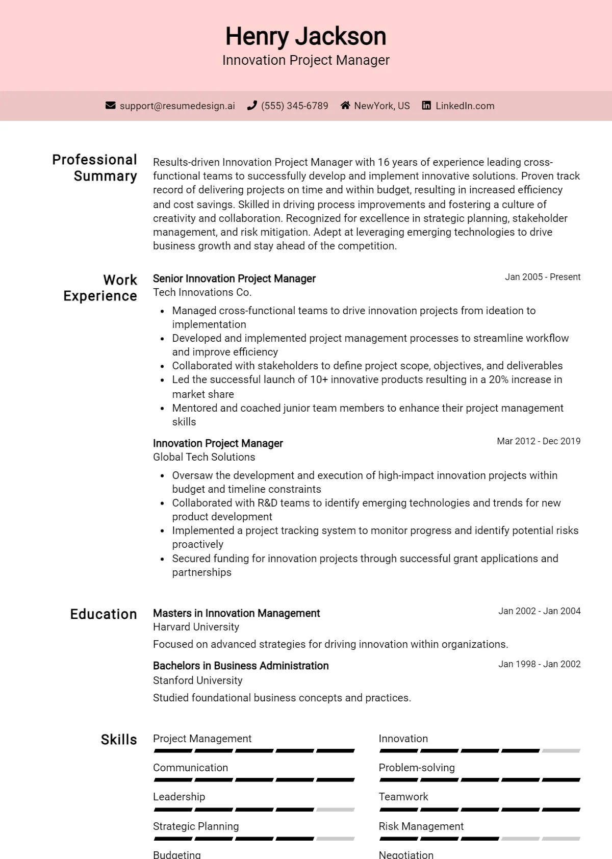 Innovation Project Manager Resume Example