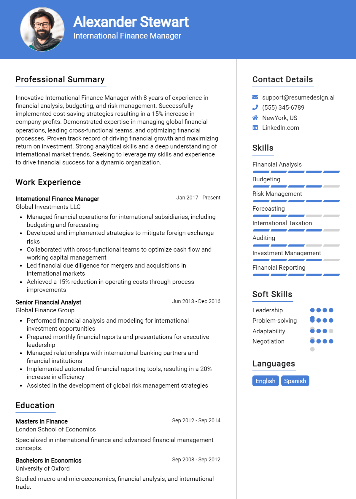 International Finance Manager Resume Example