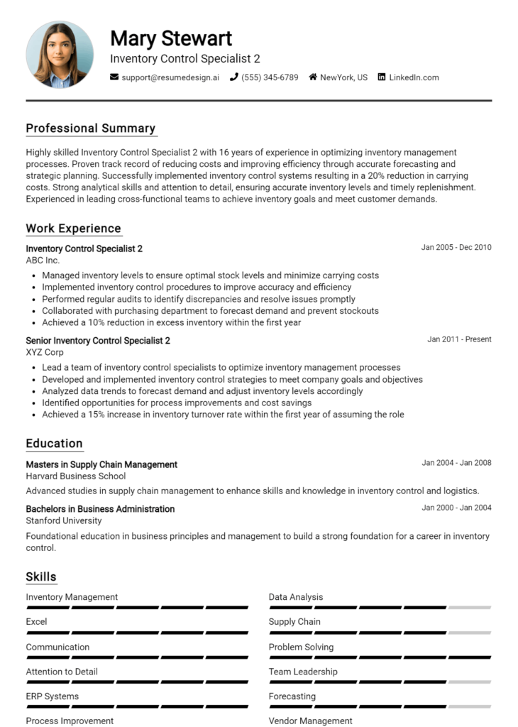 Inventory Control Specialist 2 Resume Example