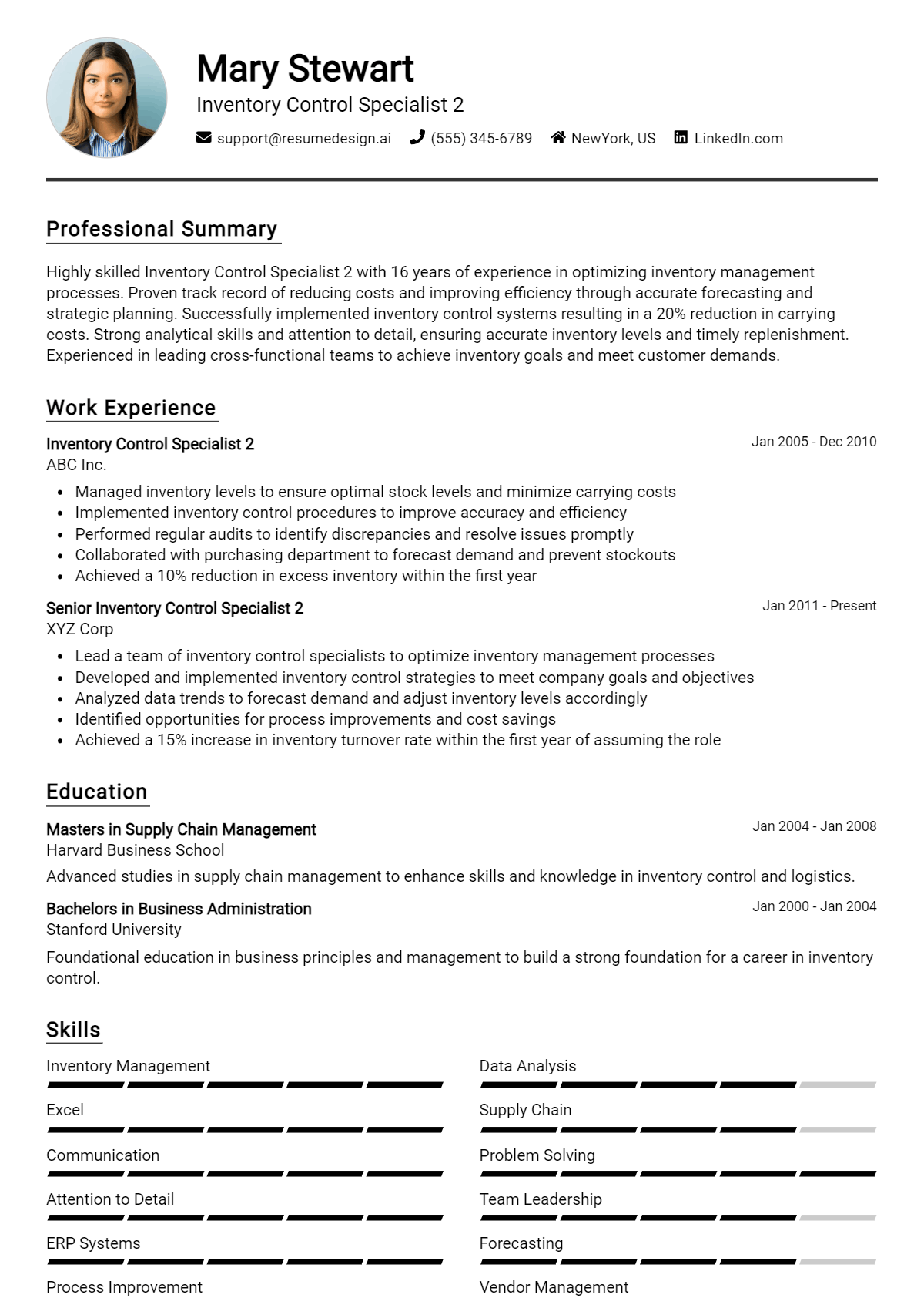 Inventory Control Specialist 2 Resume Example