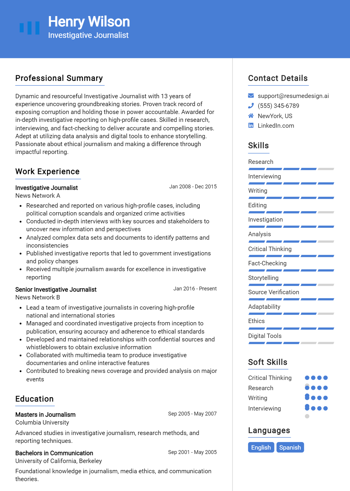 Investigative Journalist Resume Example