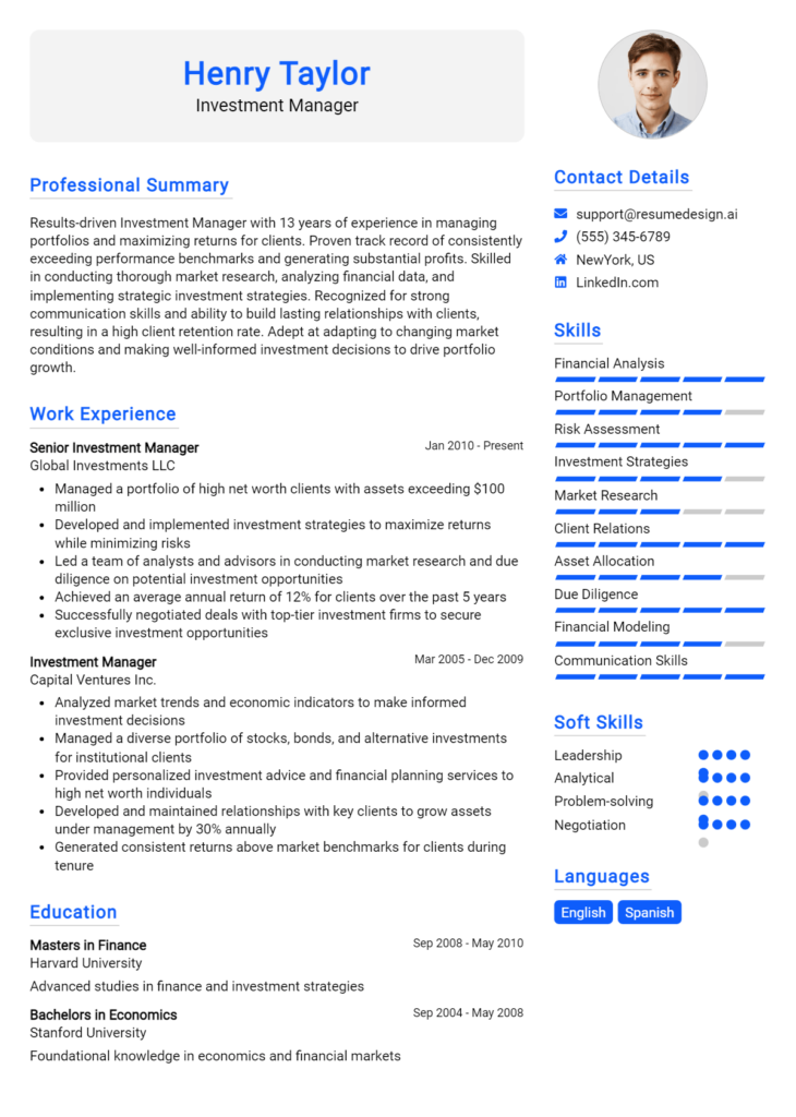 Investment Manager Resume Example