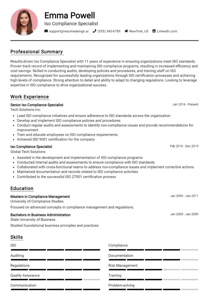 10 ISO Compliance Specialist Resume Examples And Templates for 2025 ...