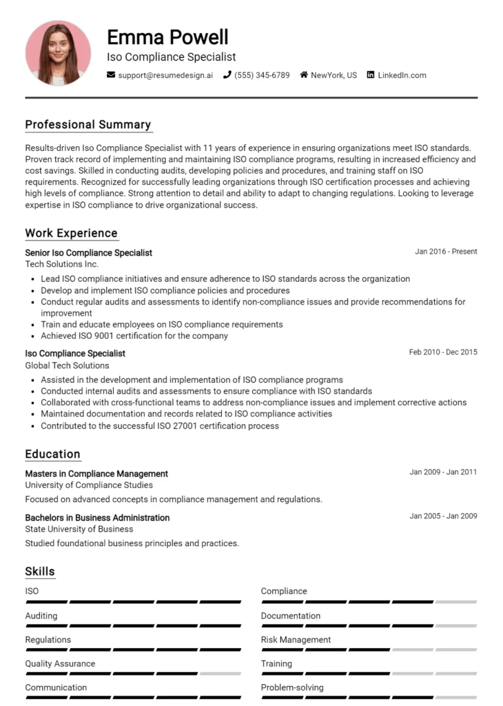 Iso Compliance Specialist Resume Example