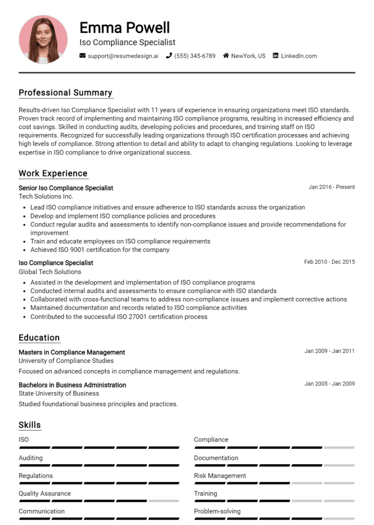 10 ISO Compliance Specialist Resume Examples And Templates for 2025