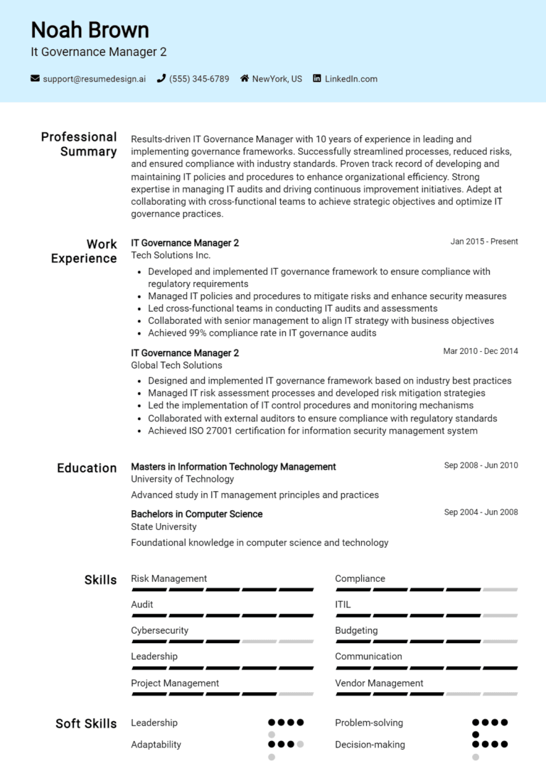 16 IT Governance Manager Resume Examples And Templates for 2025