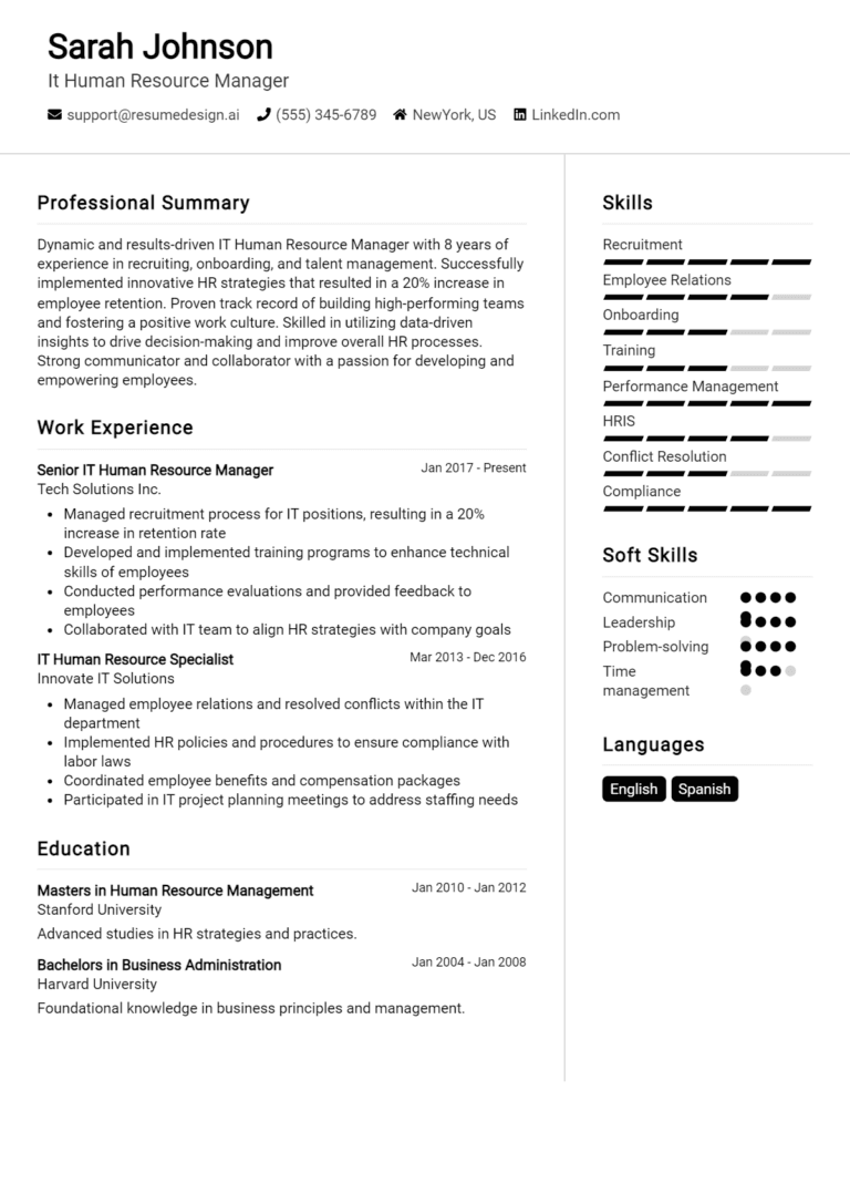 21 IT Human Resource Manager Resume Examples And Templates for 2025 [Guide]